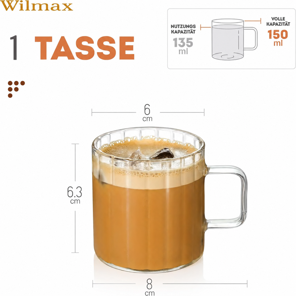 Wilmax Hitzebeständiger Glasbecher mit Henkel 150 ml Transparent aus Glas