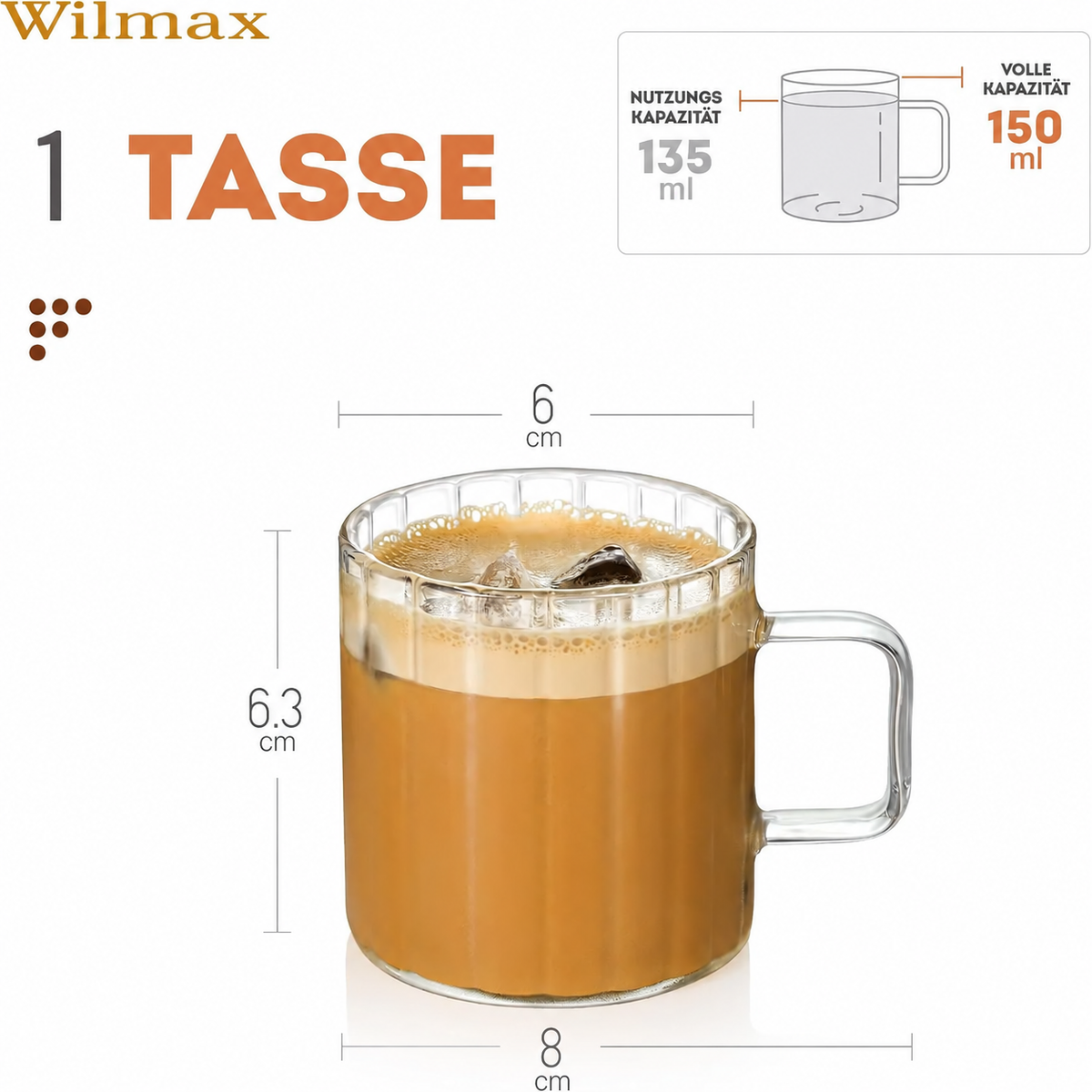 Wilmax Hitzebeständiger Glasbecher mit Henkel 150 ml Transparent aus Glas