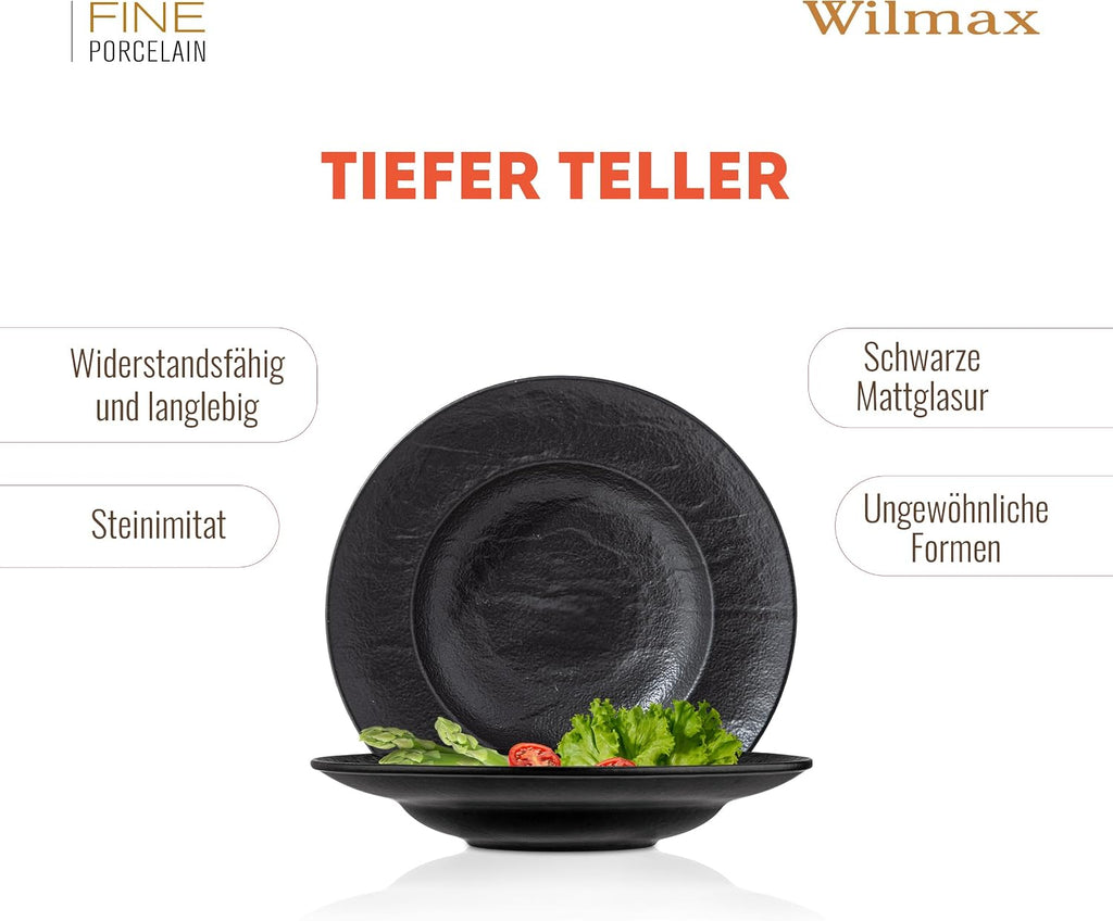 Wilmax Tiefer Teller 25,5 cm 350 ml 2er-Set Schwarz aus Porzellan