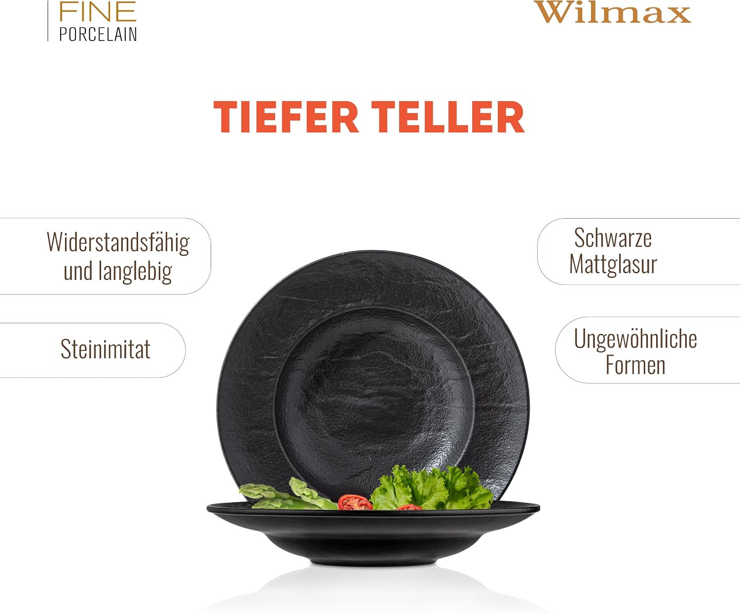 Wilmax Tiefer Teller 25,5 cm 350 ml 2er-Set Schwarz aus Porzellan