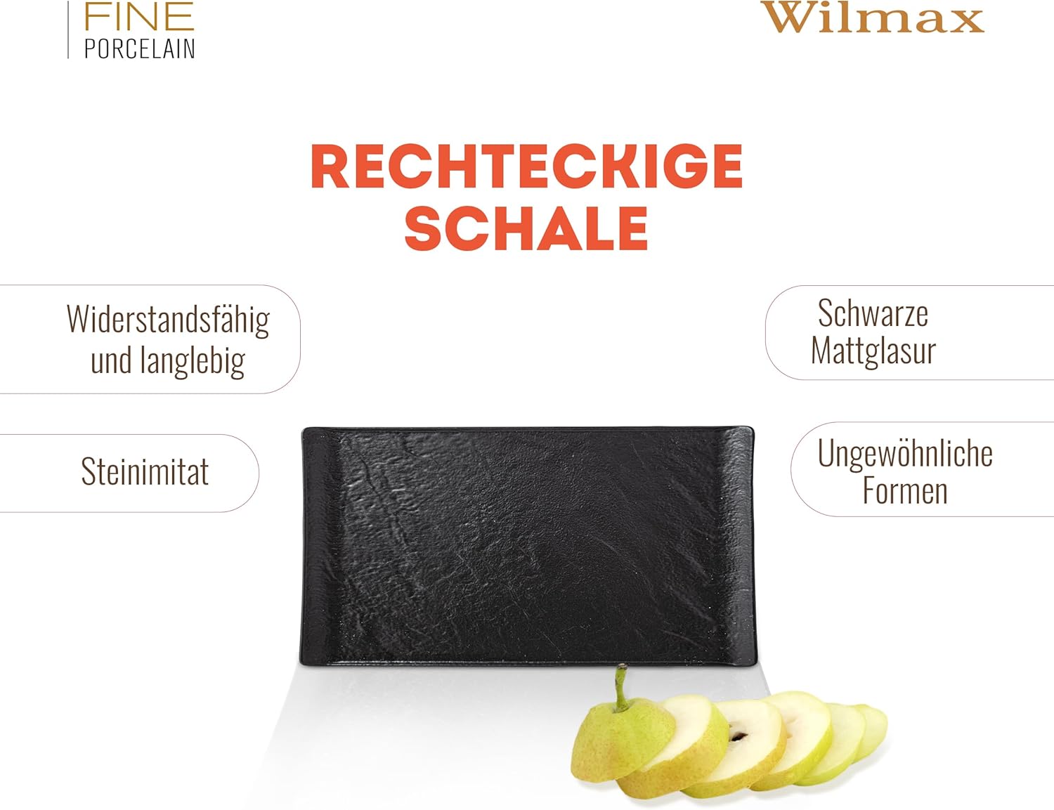 Wilmax Servierplatte 15 × 8 cm 6er-Set Schwarz aus Porzellan