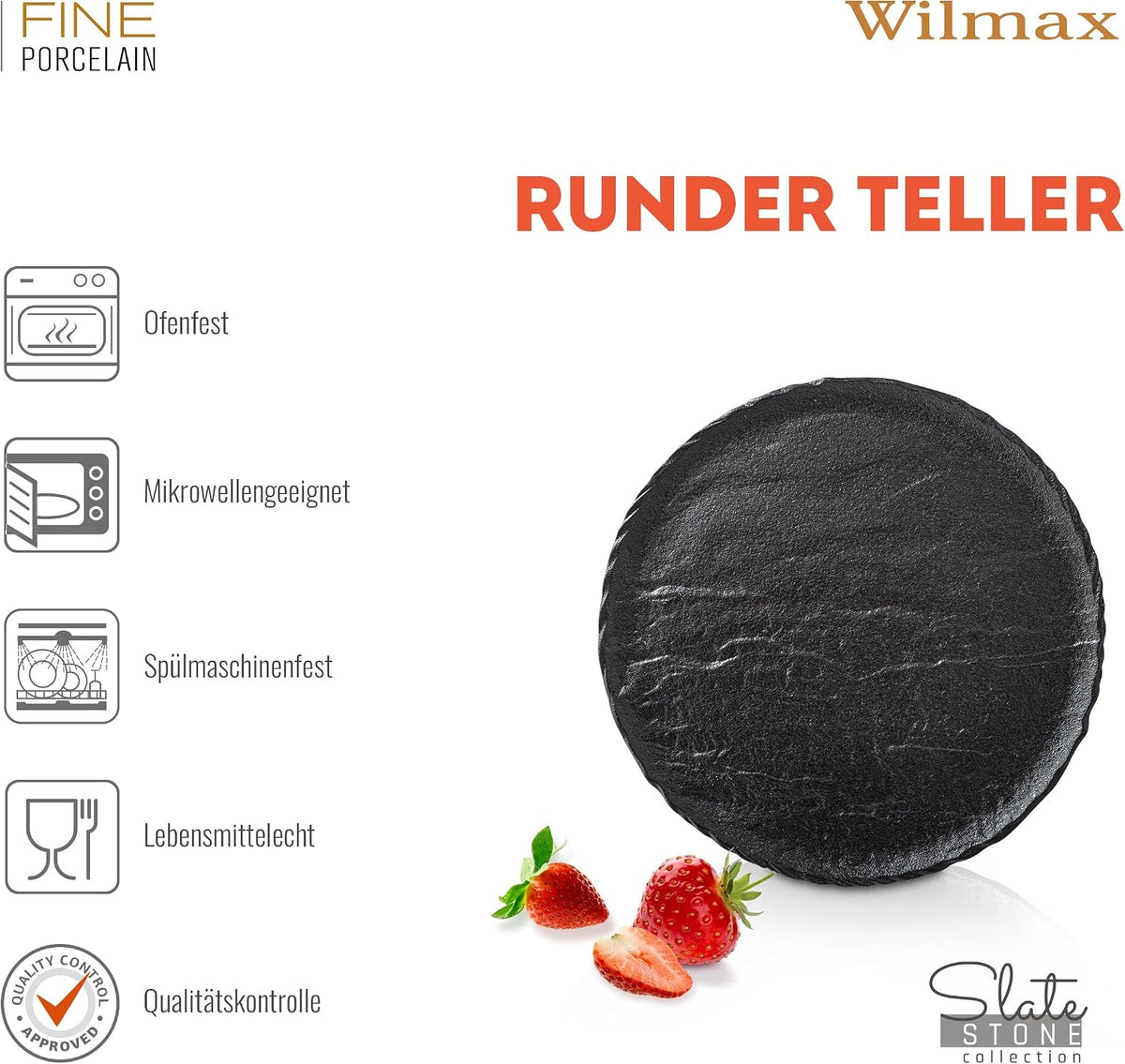 Wilmax Runder Teller 23 cm 3er-Set Schwarz aus Porzellan