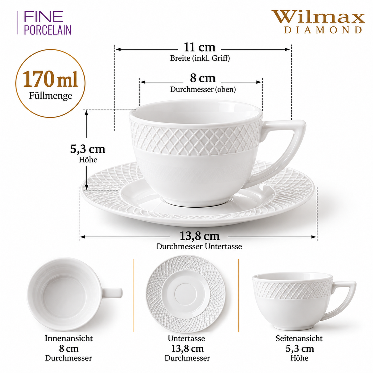 Wilmax Tasse mit Untertasse 170 ml 6er-Set Weiß aus Porzellan