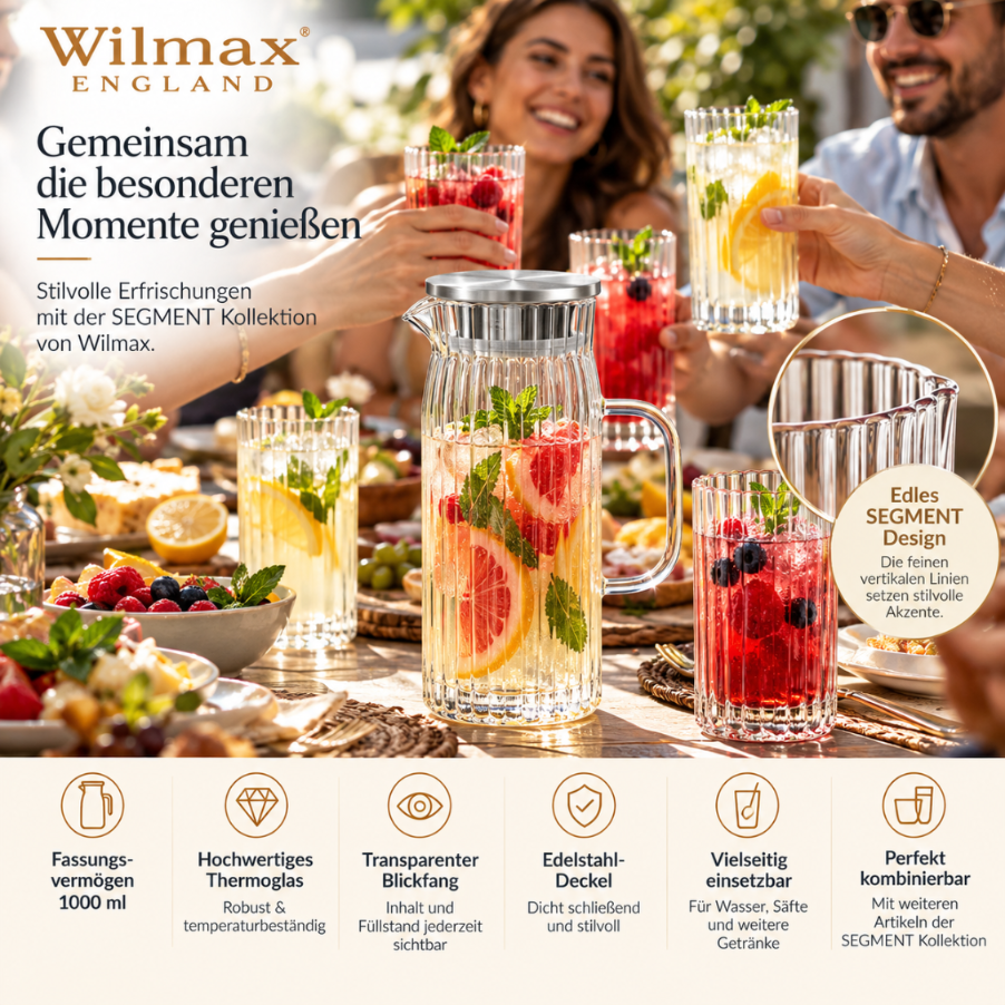 Wilmax Krug 1500 ml mit Edelstahldeckel Transparent aus Thermoglas