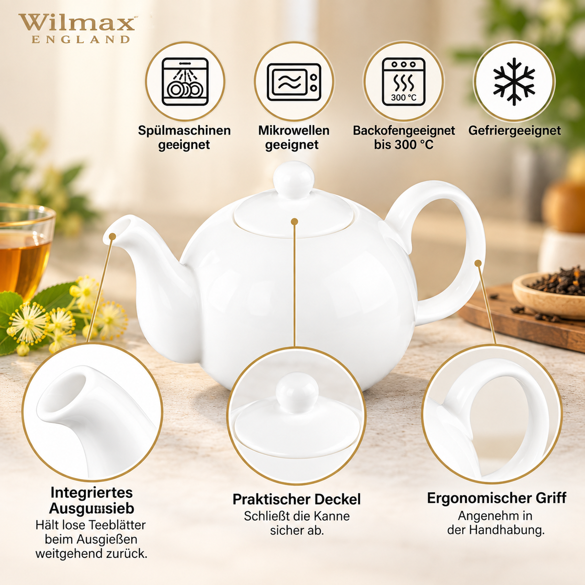 Wilmax Kaffee- und Teekanne mit integriertem Ausgusssieb 1100 ml Weiß aus Porzellan