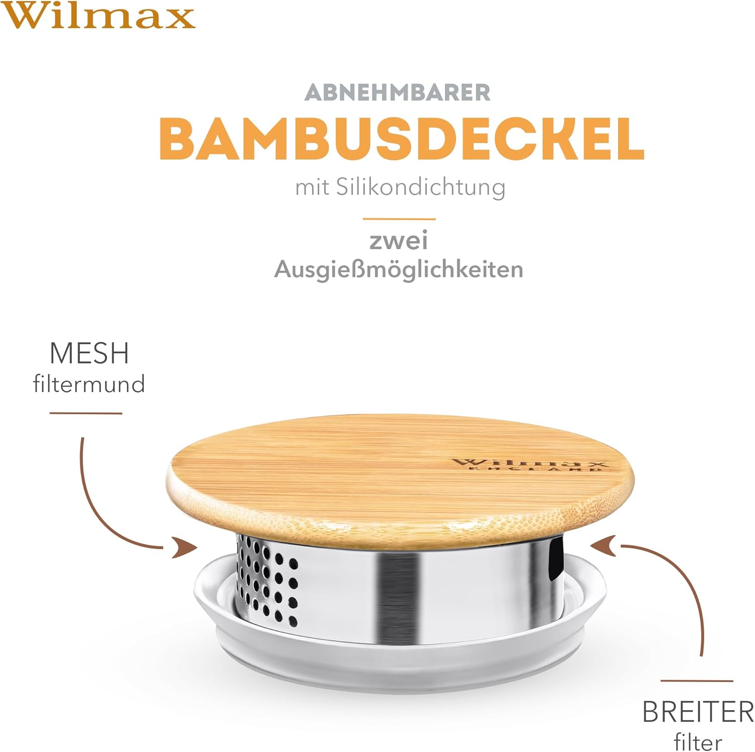 Wilmax Krug 1000 ml mit Edelstahldeckel und Filter Transparent aus Thermoglas