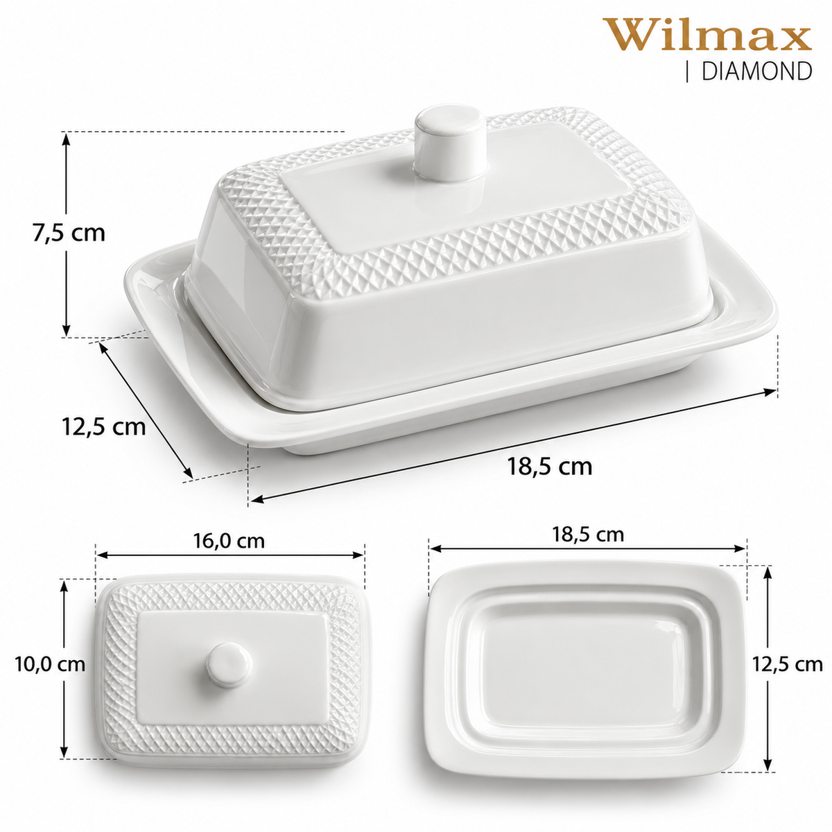 Wilmax Butterdose mit Deckel 18,5 × 12,5 × 7,5 cm Weiß aus Porzellan