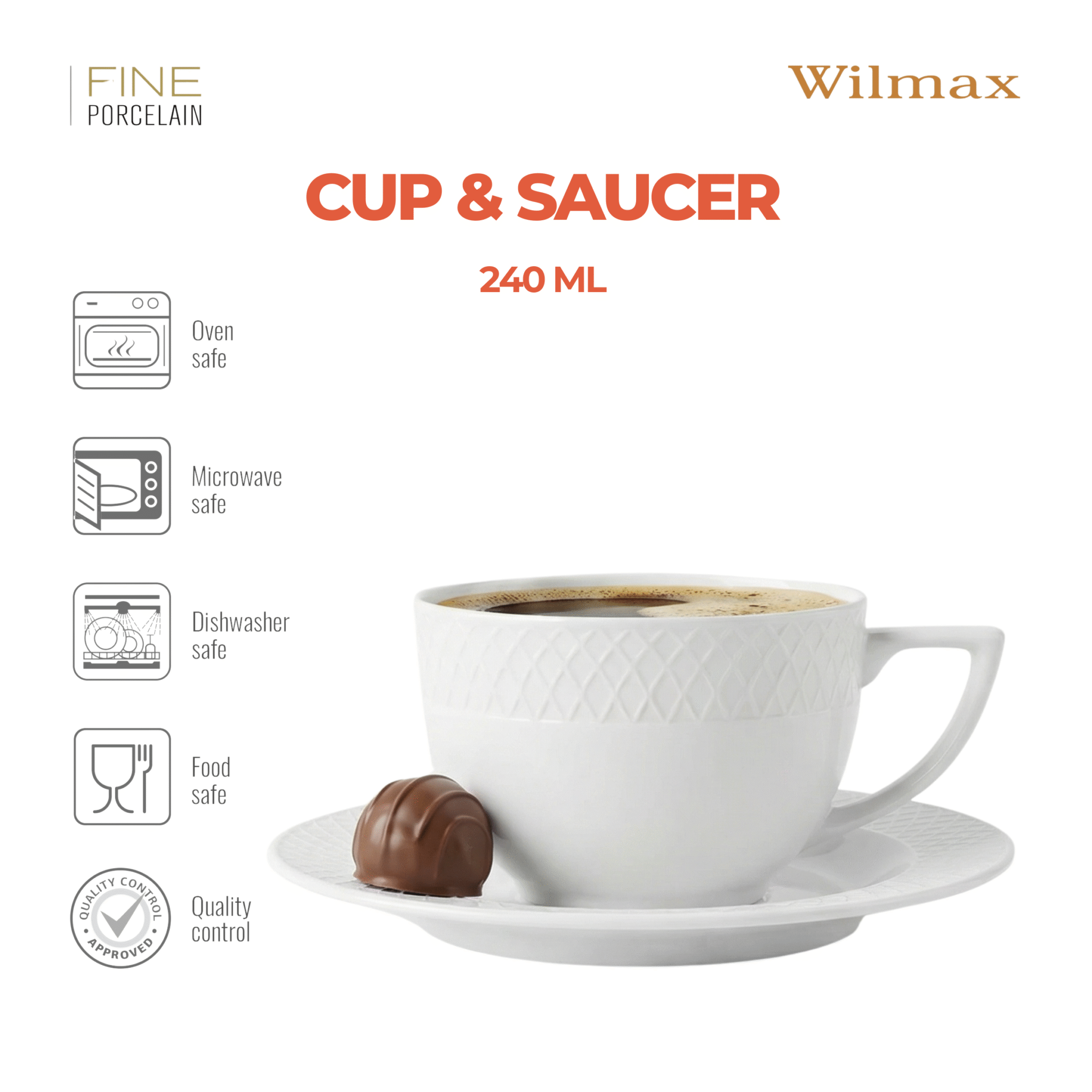 Wilmax Tasse mit Untertasse 240 ml Weiß Porzellan WL-880101404/AB