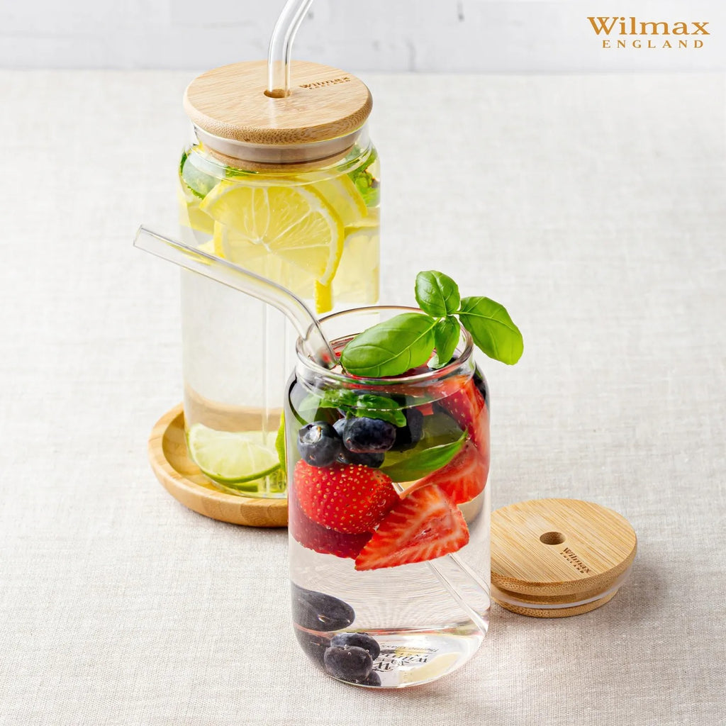 Wilmax Glasbecher 500 ml mit Deckel und Trinkhalm Transparent