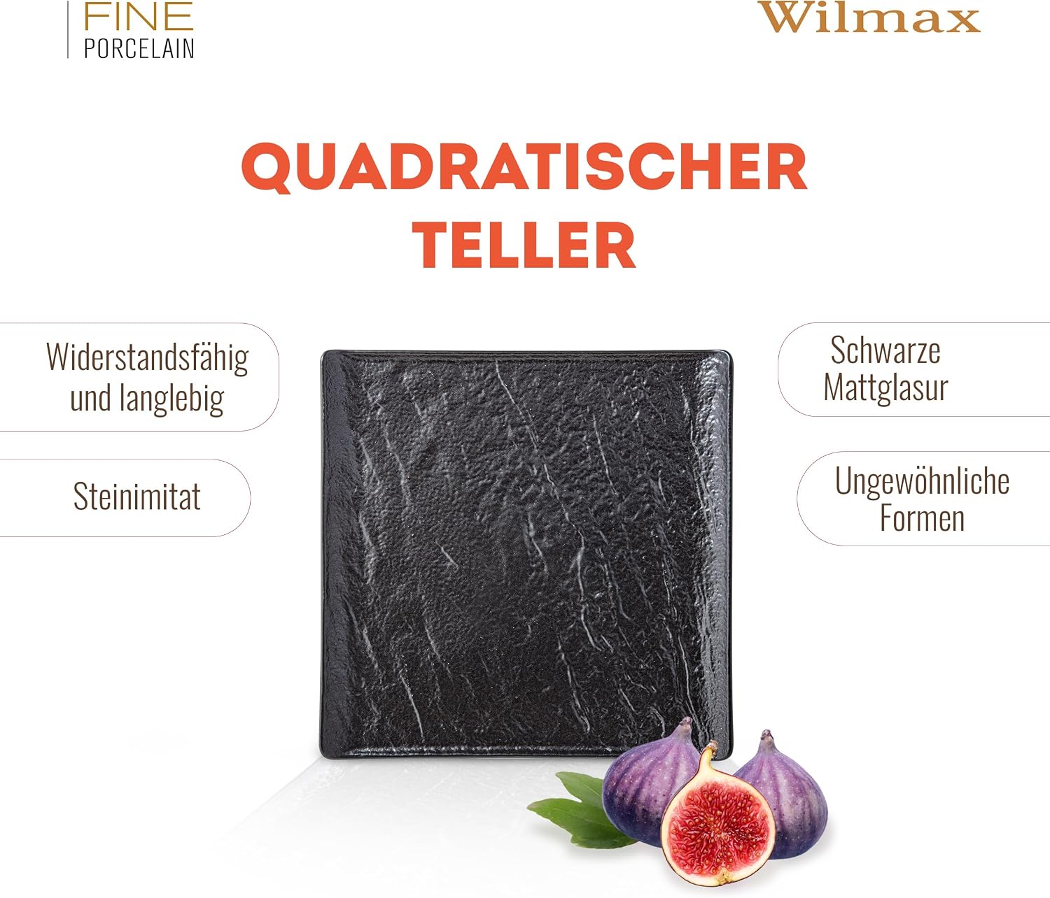Wilmax Quadratische Servierplatte 27 × 27 cm 2er-Set Schwarz aus Porzellan