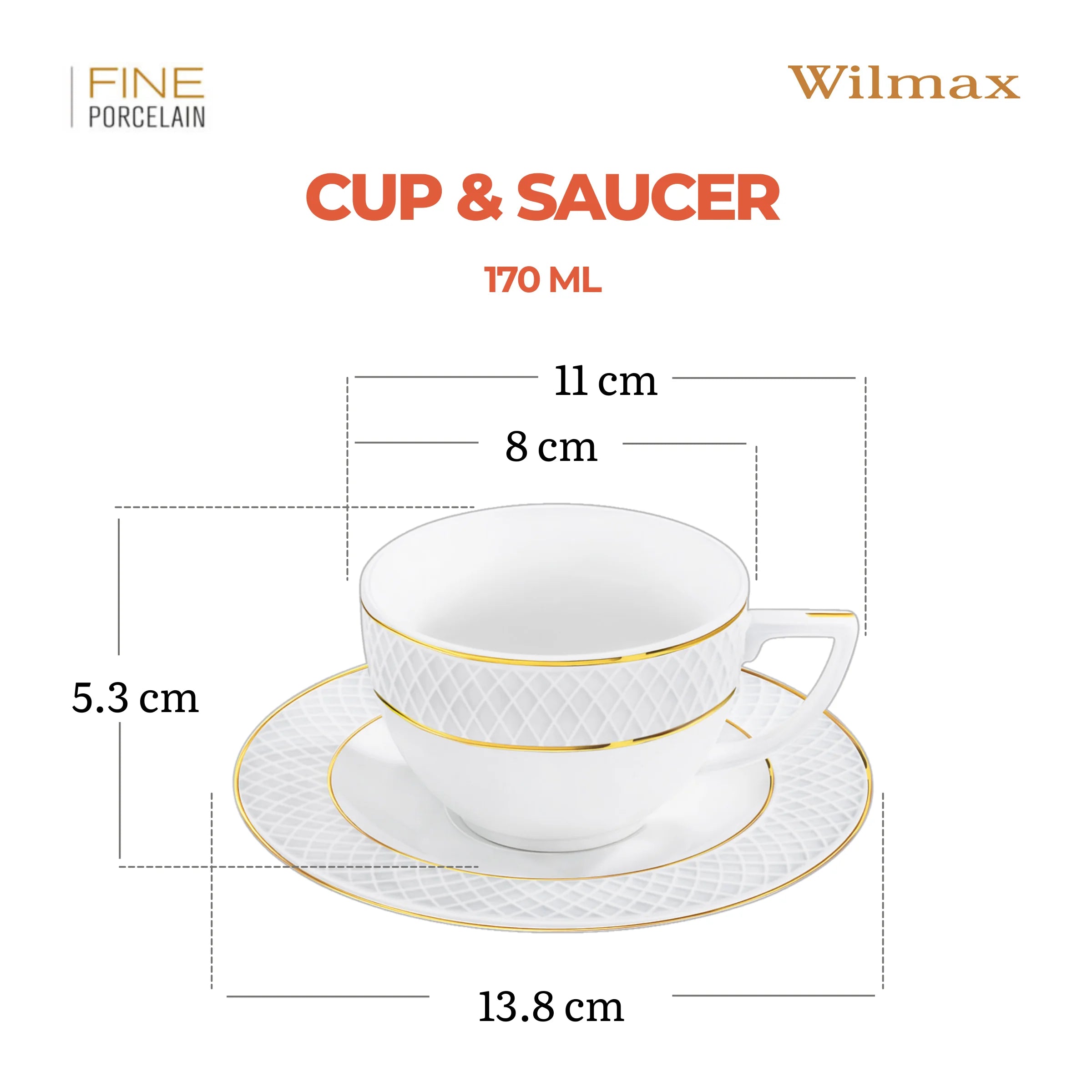 Wilmax Kaffeetasse mit Untertasse 90 ml 4er-Set Weiß mit goldfarbenem Dekor aus Porzellan