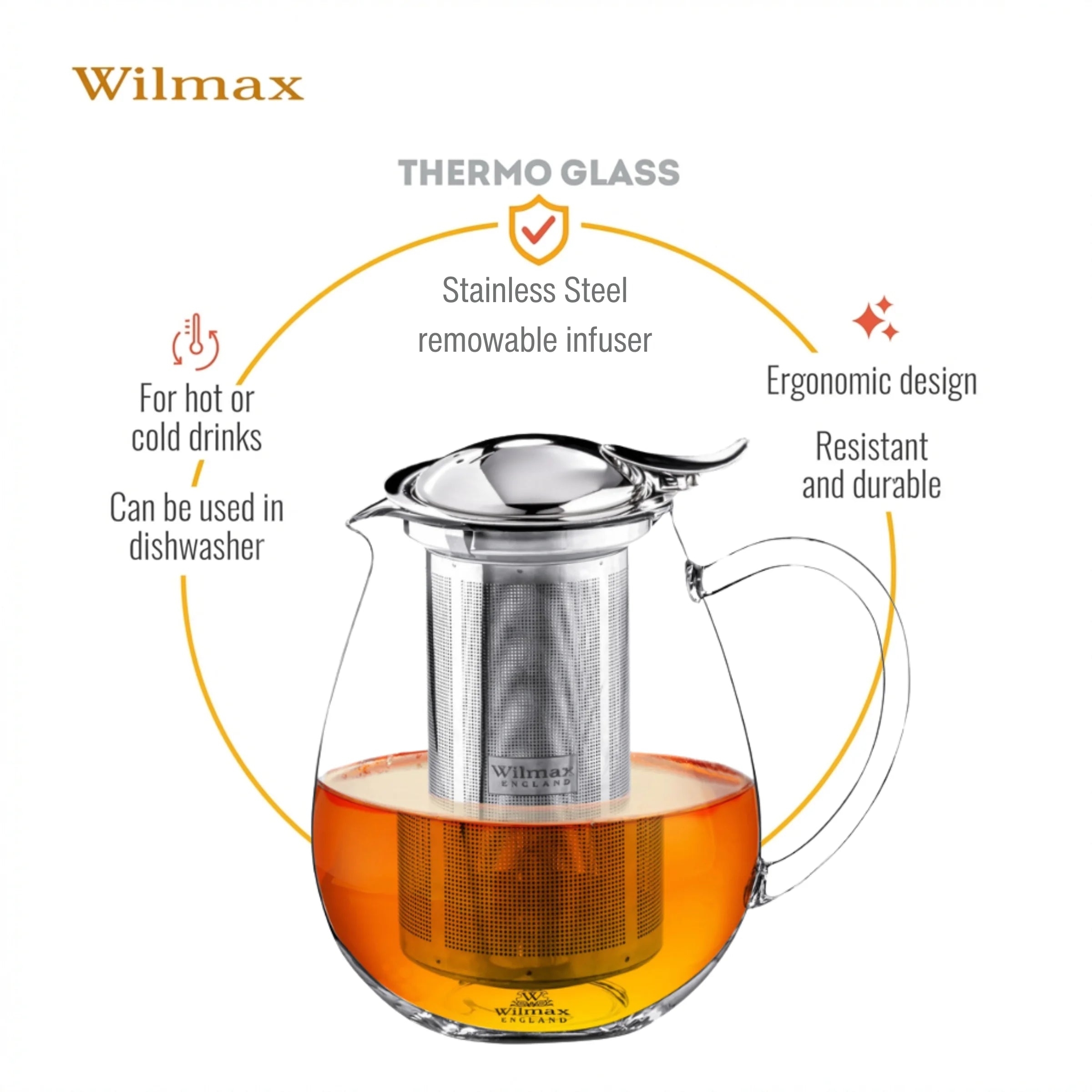 Wilmax Teekanne 1300 ml mit Edelstahlfilter Transparent aus Thermoglas