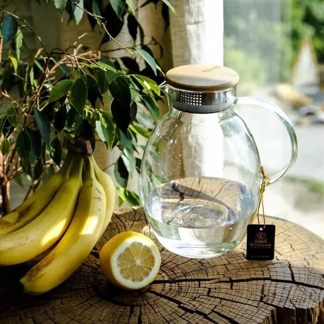 Wilmax Krug 2400 ml mit Bambusdeckel und Filter Transparent aus Thermoglas