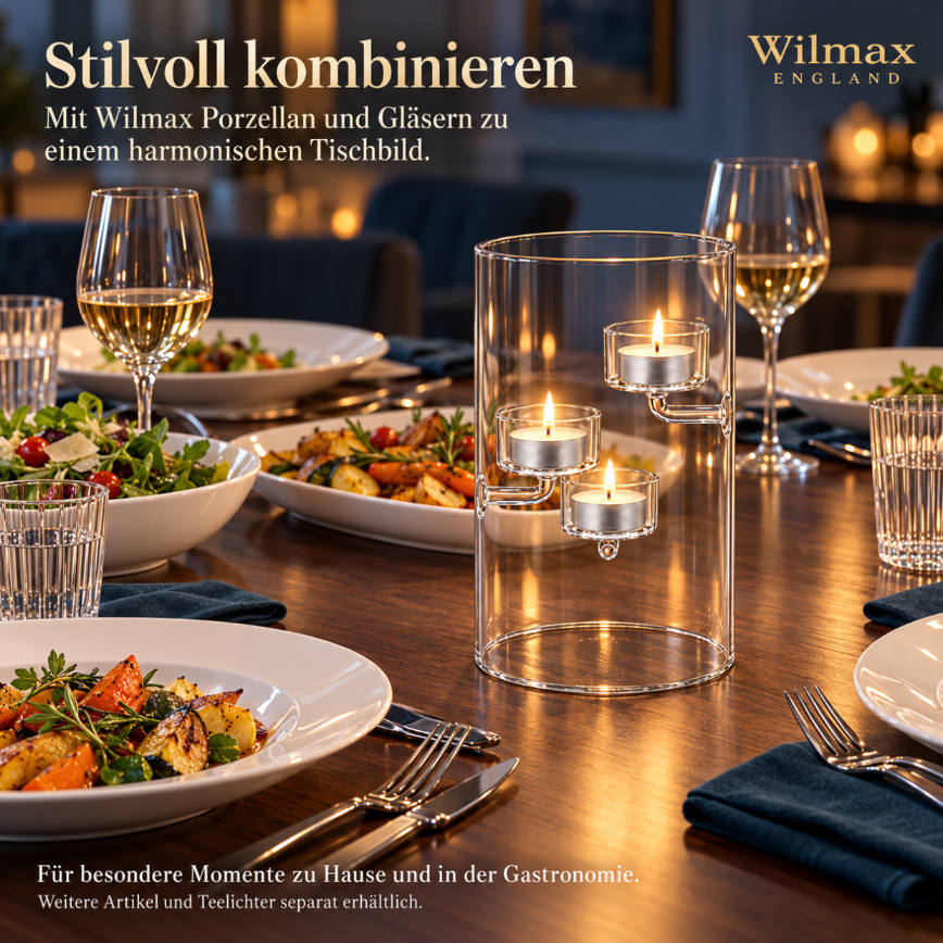 Wilmax Teelichthalter für 3 Teelichter 20 cm Transparent aus Glas
