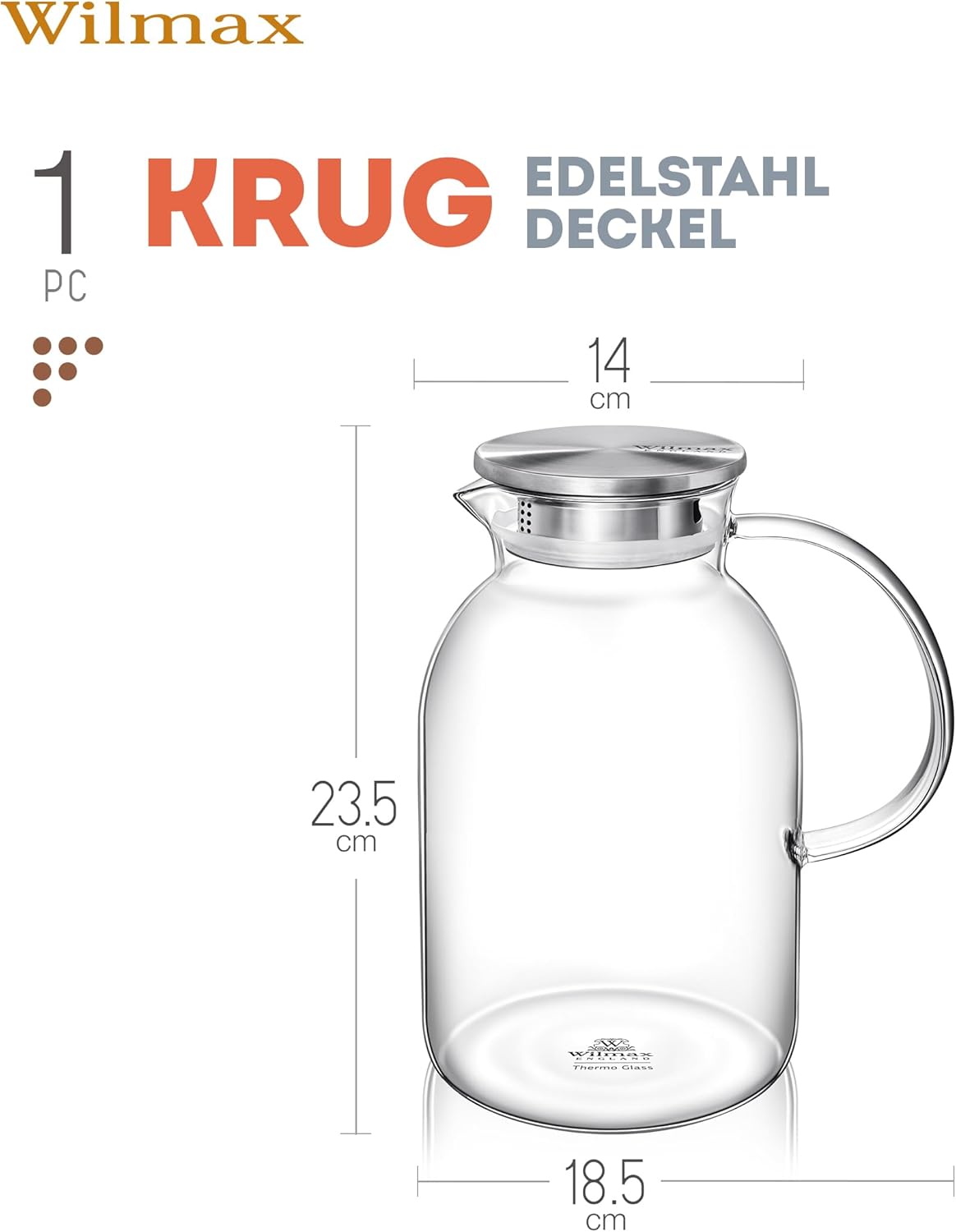 Wilmax Krug 2100 ml mit Edelstahldeckel und Filter Transparent aus Thermoglas