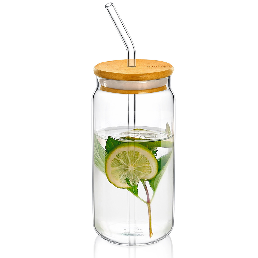 Wilmax Glasbecher 500 ml mit Deckel und Trinkhalm Transparent