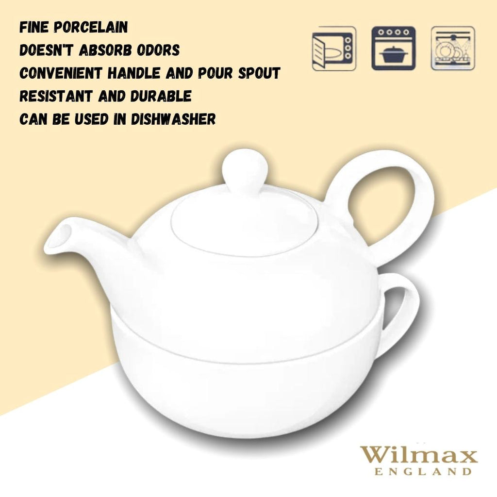 Wilmax Kaffee- und Teekanne mit integriertem Ausgusssieb mit Tasse 375 ml und 340 ml Weiß aus Porzellan