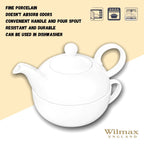 Wilmax Kaffee- und Teekanne mit integriertem Ausgusssieb mit Tasse 375 ml und 340 ml Weiß aus Porzellan