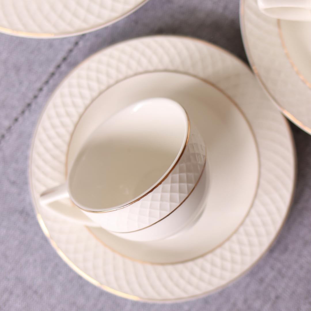 Wilmax Kaffeetasse mit Untertasse 90 ml 6er-Set Weiß mit goldfarbenem Dekor aus Porzellan