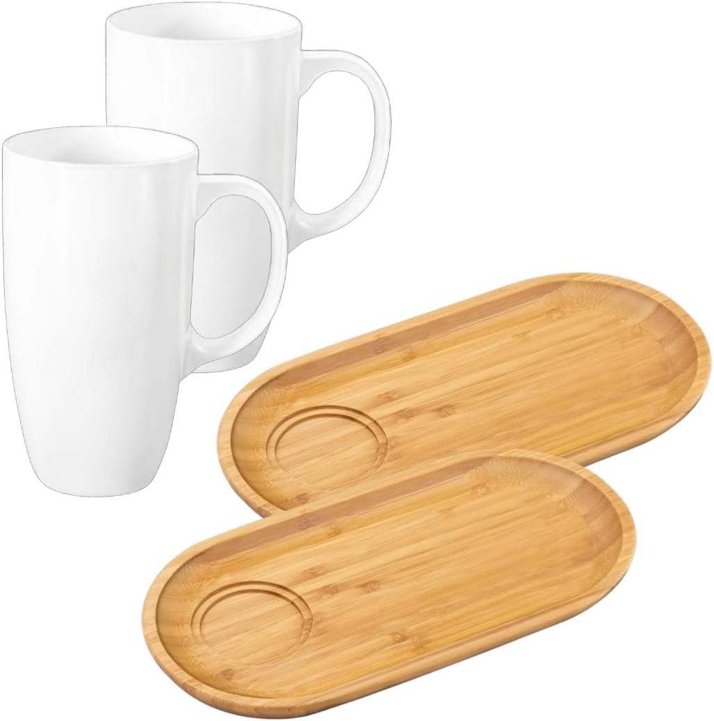 Wilmax Servierset 4-teilig mit Bambustellern 30,5 × 15 cm und Porzellanbechern 630 ml