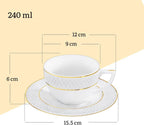 Wilmax Teetasse mit Untertasse 240 ml Weiß Goldrand Porzellan 6er Set WL-880102404/AB6
