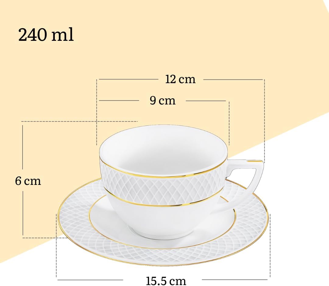 Wilmax tea cups &amp; saucers set with gold rim, 240 ml, set of 6 – WL-880102404/AB6