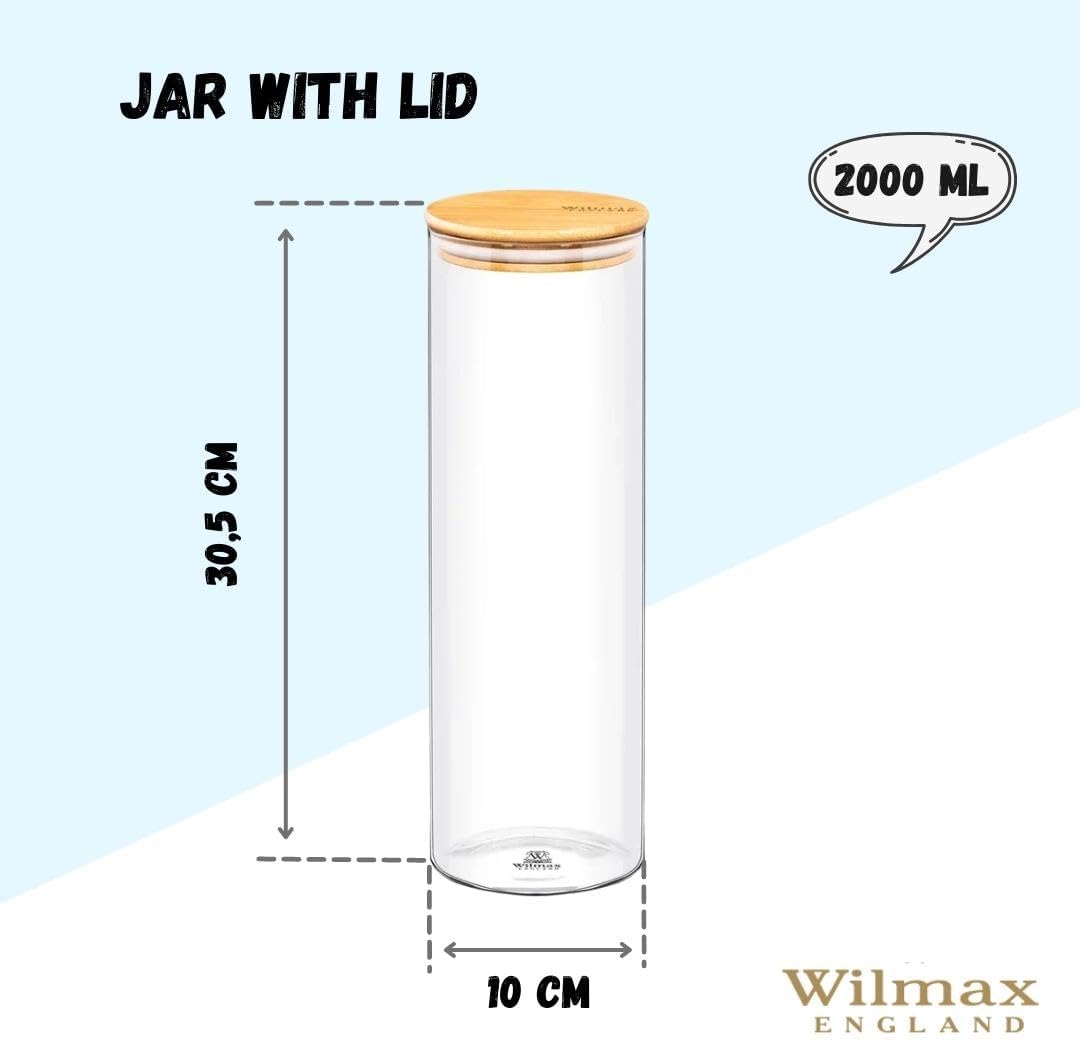 Wilmax Vorratsglas mit Deckel, 2000 ml, Glas & Bambus, WL-888510/A