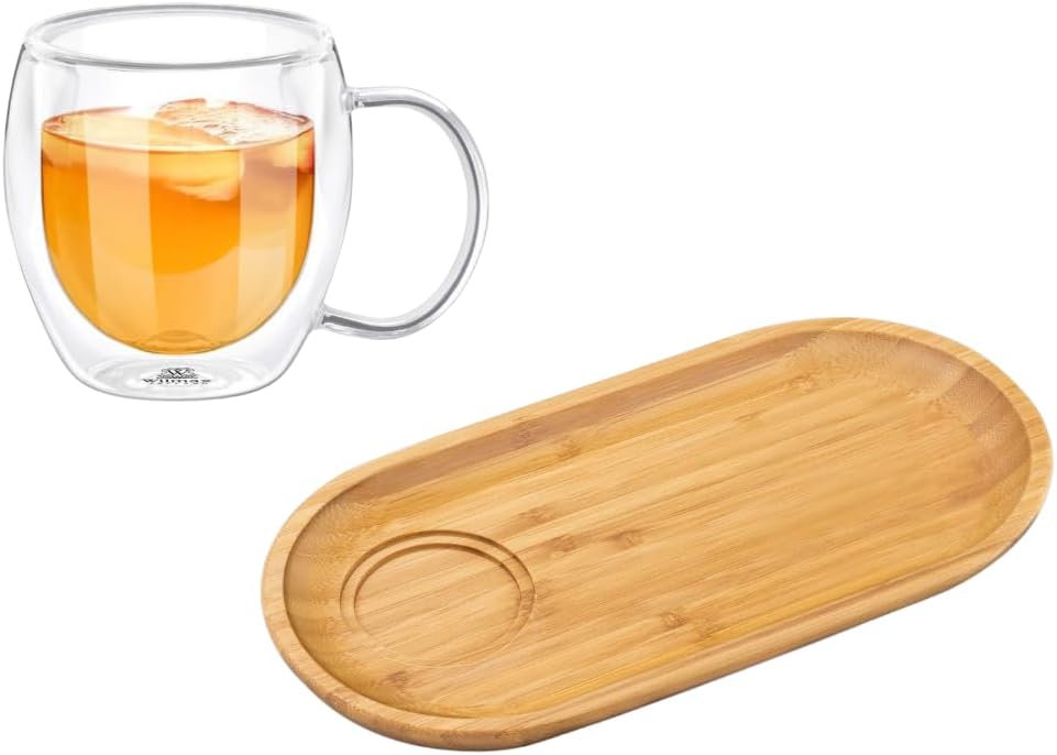 Wilmax Servierset 2-teilig mit Bambusteller 30,5 × 15 cm und Teeglas 500 ml