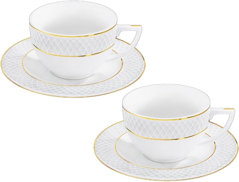Wilmax Tasse mit Untertasse 240 ml 2er-Set Weiß mit goldfarbenem Dekor aus Porzellan