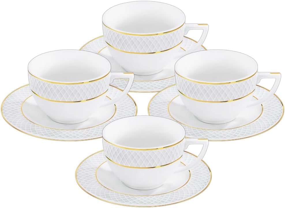 Wilmax Kaffeetasse mit Untertasse 90 ml 4er-Set Weiß mit goldfarbenem Dekor aus Porzellan