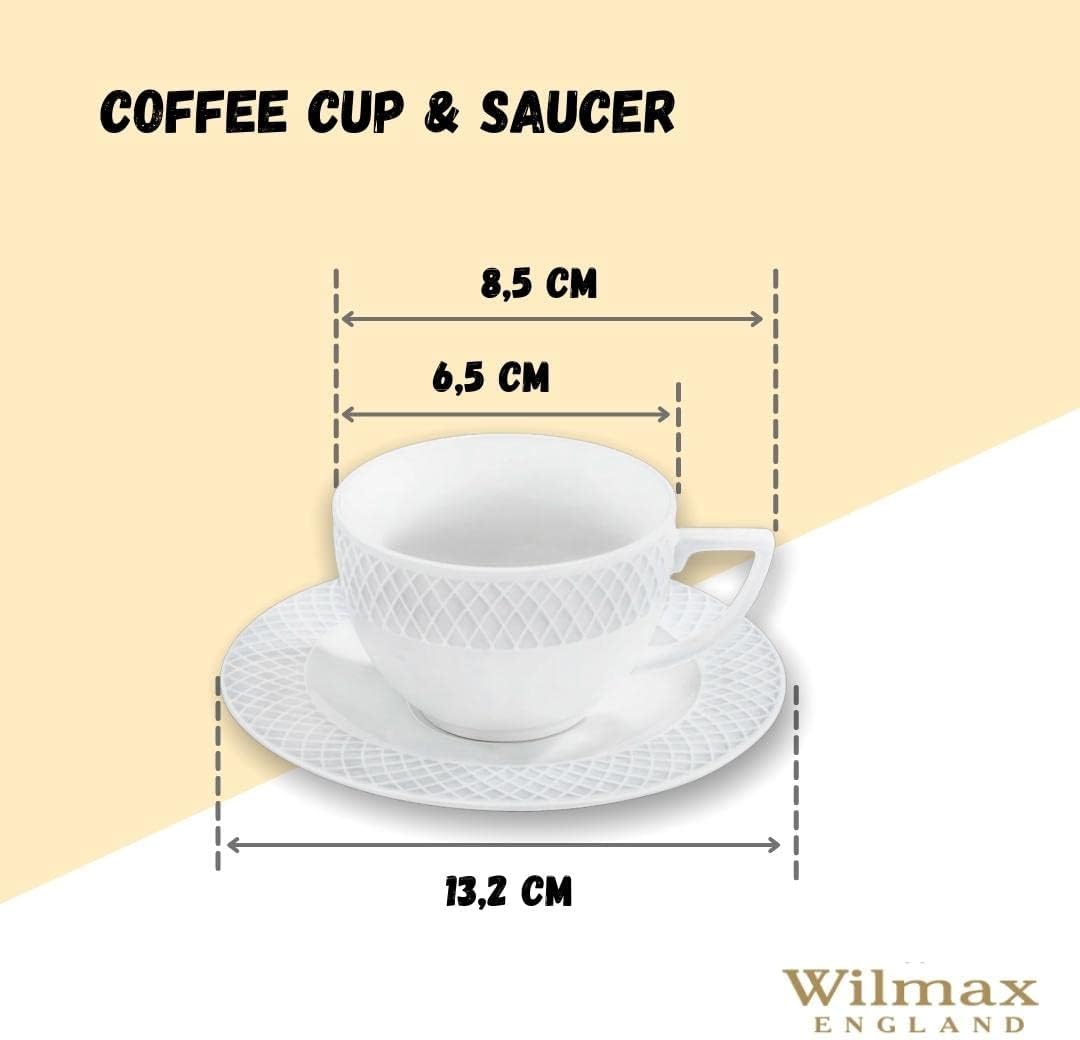 Wilmax | Tassen mit Untertassen | 6er-Set | 90 ml | Kaffeetassen aus Porzellan | Weiß | Geschirrset für 6 Personen | Tassenset für Kaffee, Tee, Desserts | Kaffeeservice & Teeservice