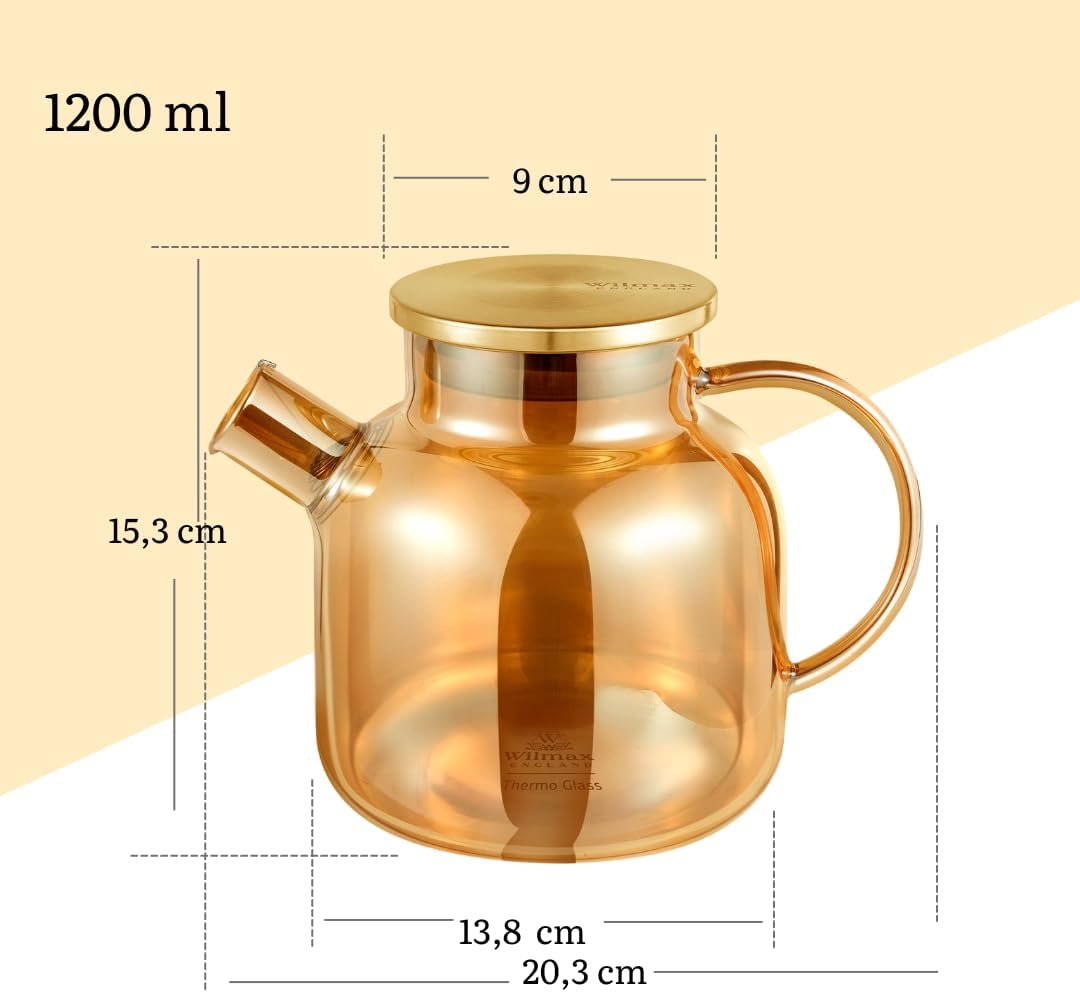 Wilmax Teekanne 1200 ml mit Federfilter und mit Edelstahldeckel Gold aus Thermoglas