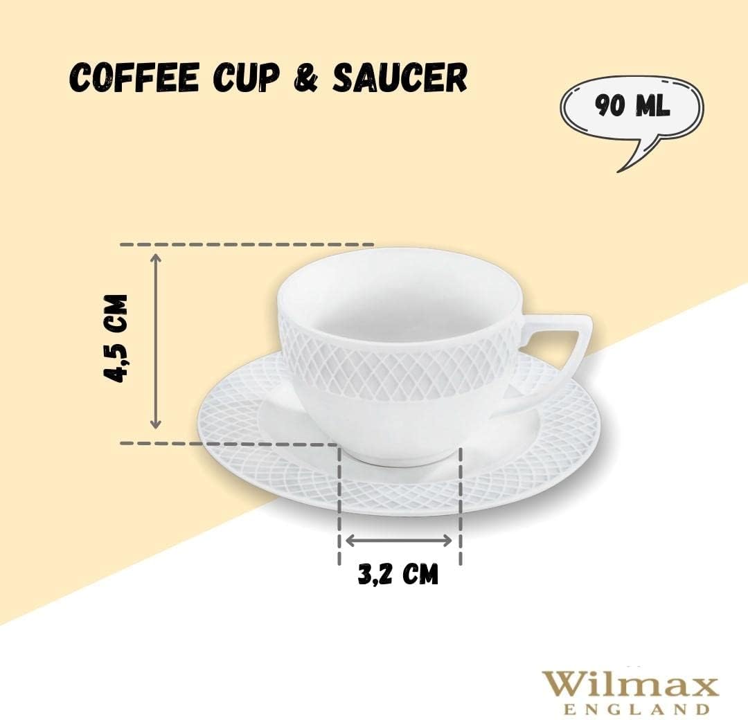 Wilmax | Tassen mit Untertassen | 6er-Set | 90 ml | Kaffeetassen aus Porzellan | Weiß | Geschirrset für 6 Personen | Tassenset für Kaffee, Tee, Desserts | Kaffeeservice & Teeservice