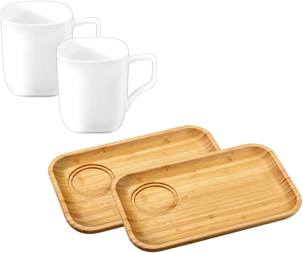 Wilmax Servierset 4-teilig mit Bambustellern 28 × 17,5 cm und Porzellanbechern 470 ml