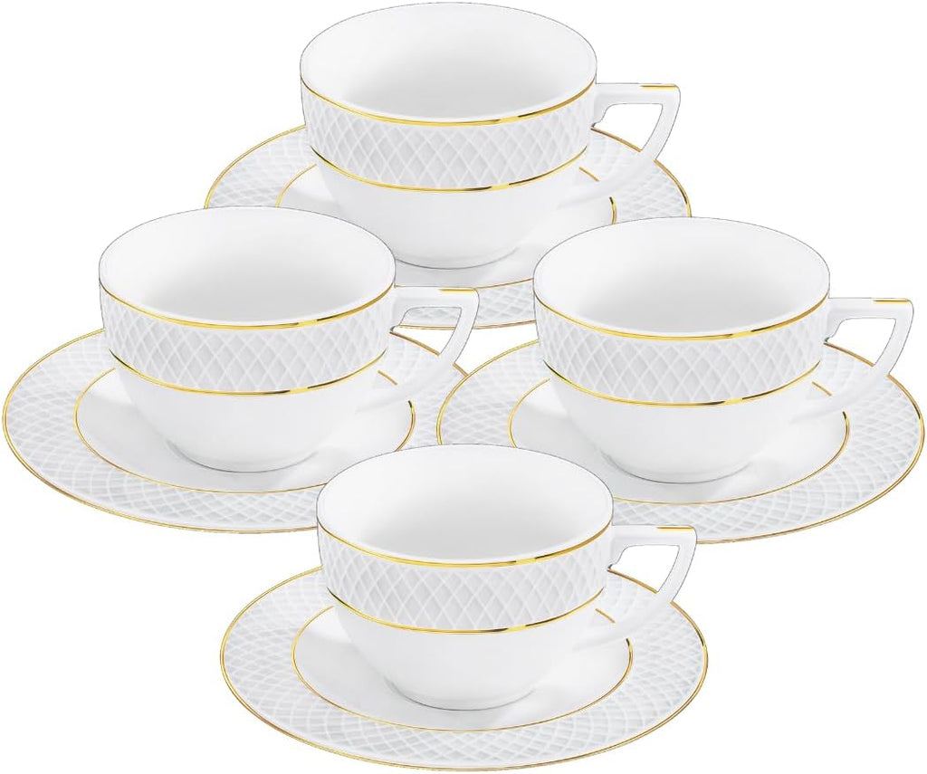 Wilmax Teetasse mit Untertasse 240 ml Weiß Goldrand Porzellan 4er Set WL-880102404/AB4