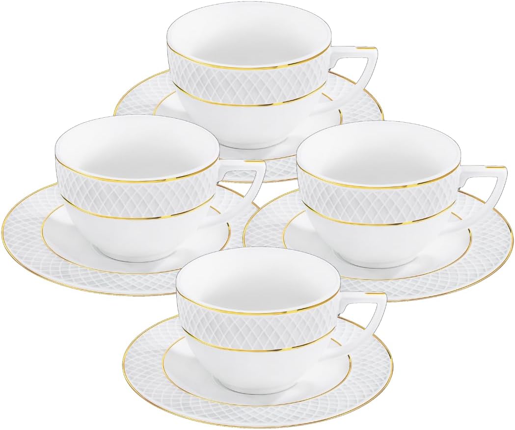 Wilmax Tasse mit Untertasse 240 ml 4er-Set Weiß mit goldfarbenem Dekor aus Porzellan