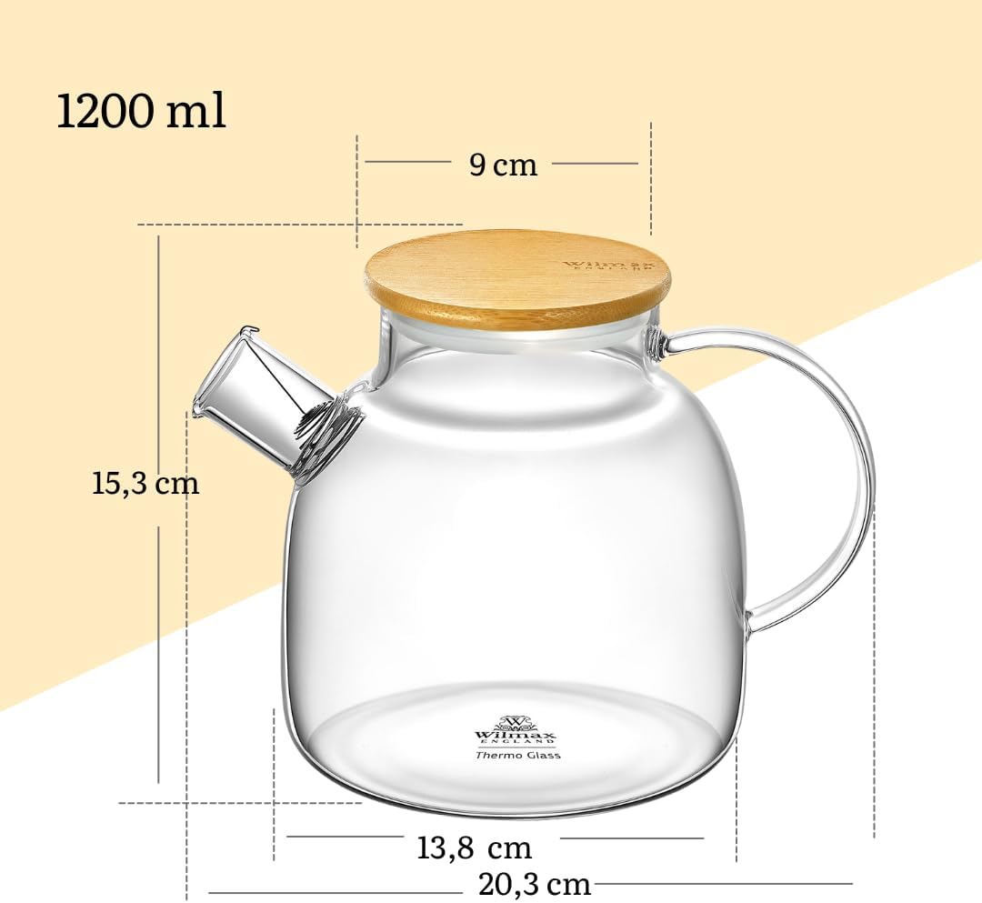 Wilmax - Glas Teekanne mit Bambus-Deckel - 1200ml - Teezubereiter für losen Tee - Glaskanne - Kanne aus hitzebeständigem Glas - Teapot - Glaskanne für Heiß- und Kaltgetränke