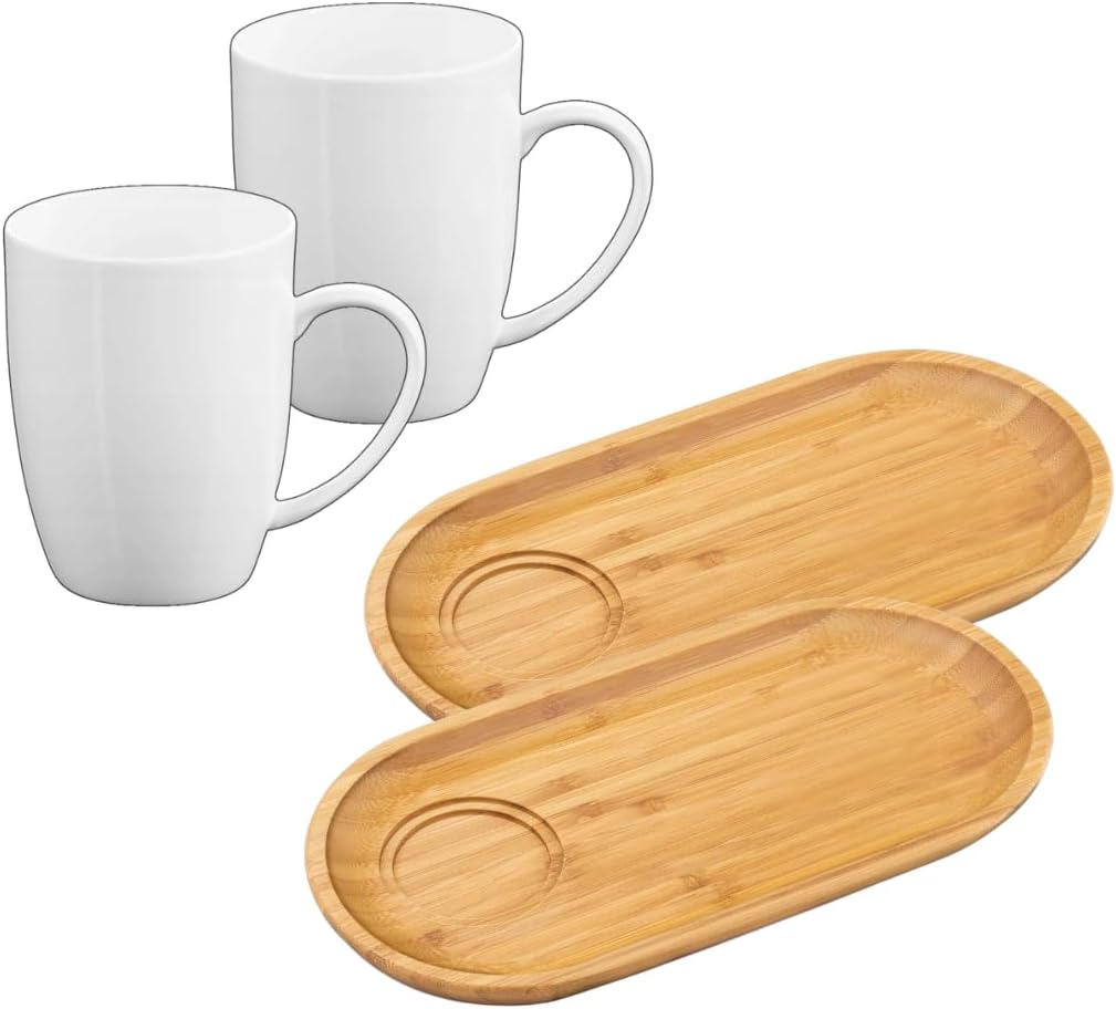 Wilmax Servierset 4-teilig mit Bambustellern 30,5 × 15 cm und Porzellanbechern 460 ml
