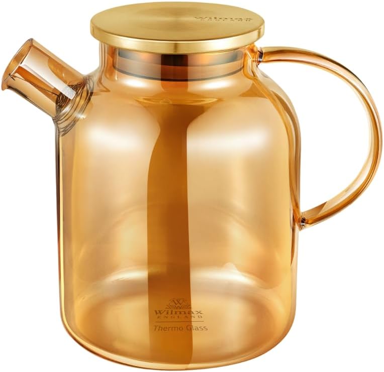 Wilmax Teekanne 1600 ml mit Federfilter und mit Edelstahldeckel Gold aus Thermoglas