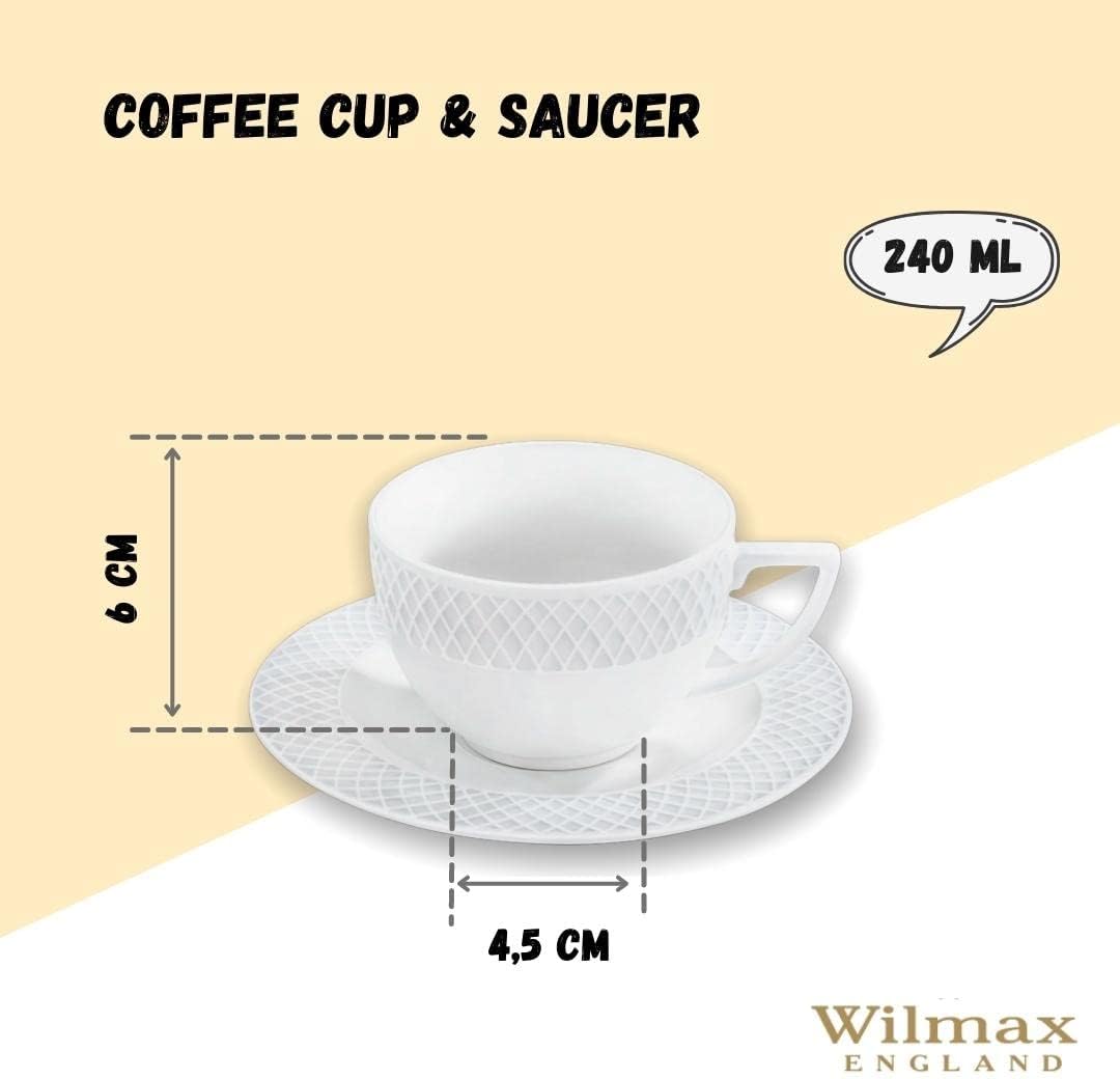 Wilmax Tasse mit Untertasse 240 ml Weiß Porzellan 6er Set WL-880105/6C