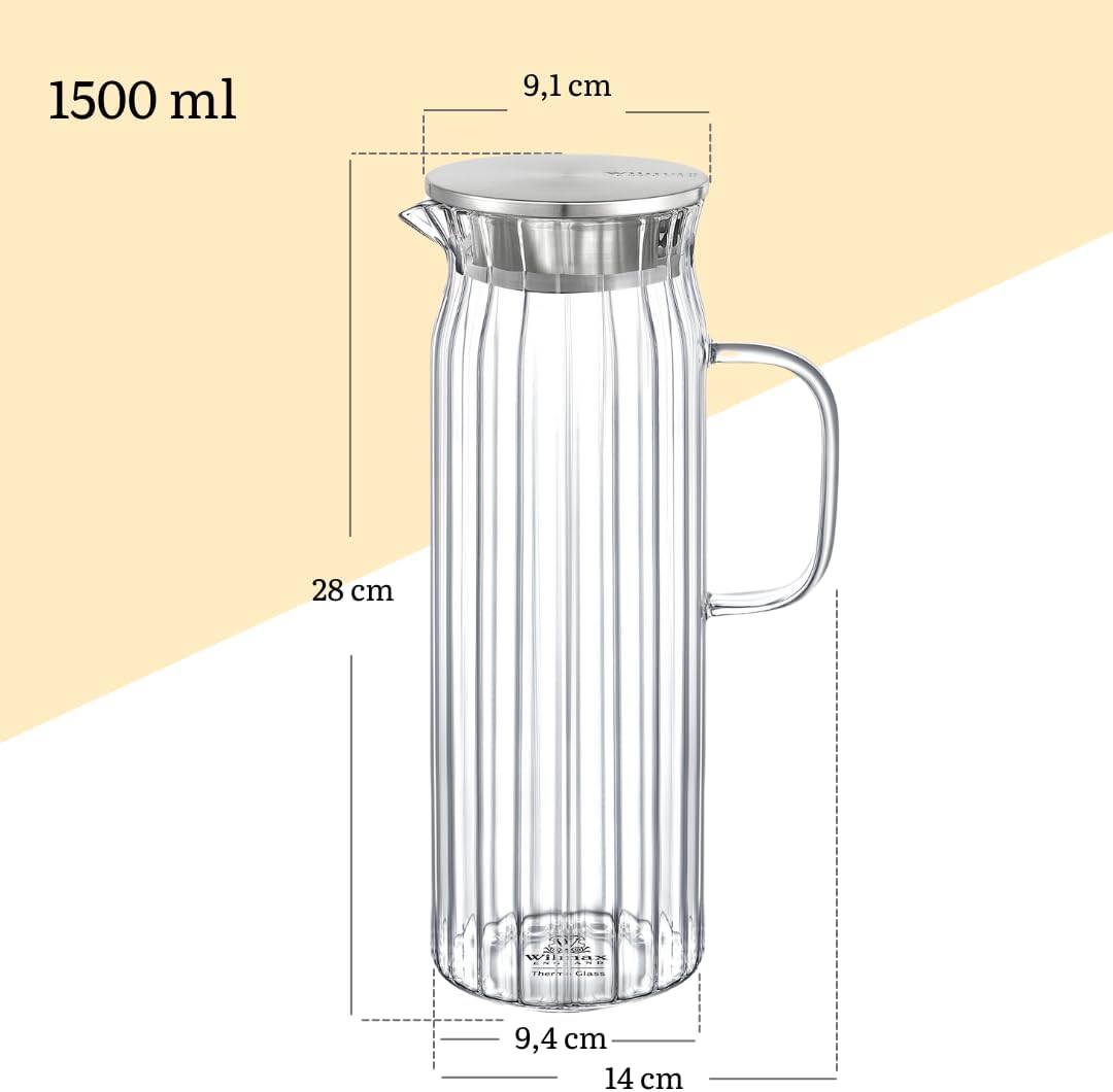 Wilmax Getränkeset 7-teilig mit Krug 1500 ml mit Edelstahldeckel und 6 hitzebeständige Glasbecher mit Henkel 400 ml aus Glas