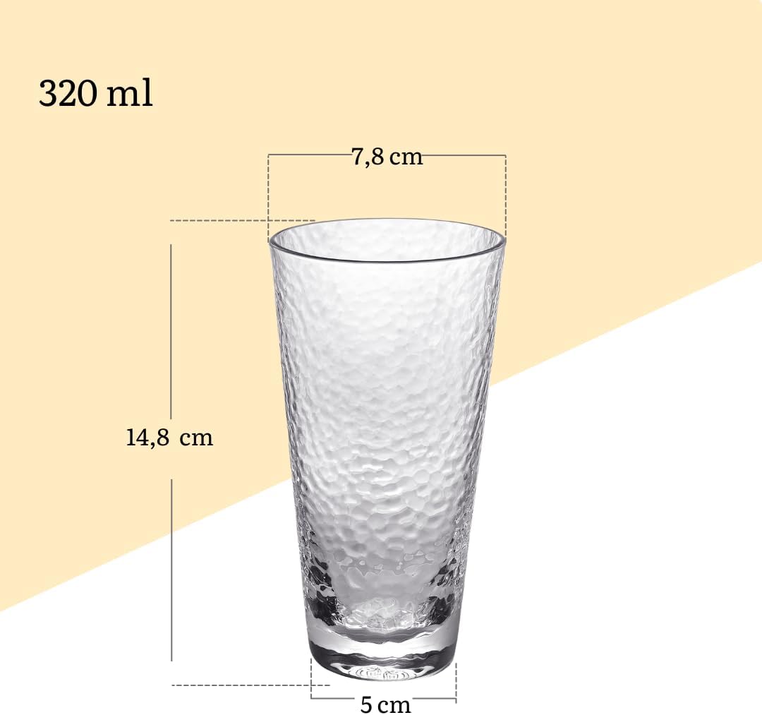 Wilmax - Trinkgläser - 320ml - 6er set - Gehämmerter Stil - Getränkegläser für Wasser, Saft, Limonade, Tee, Eiskaffee, Cocktails - Wassergläser