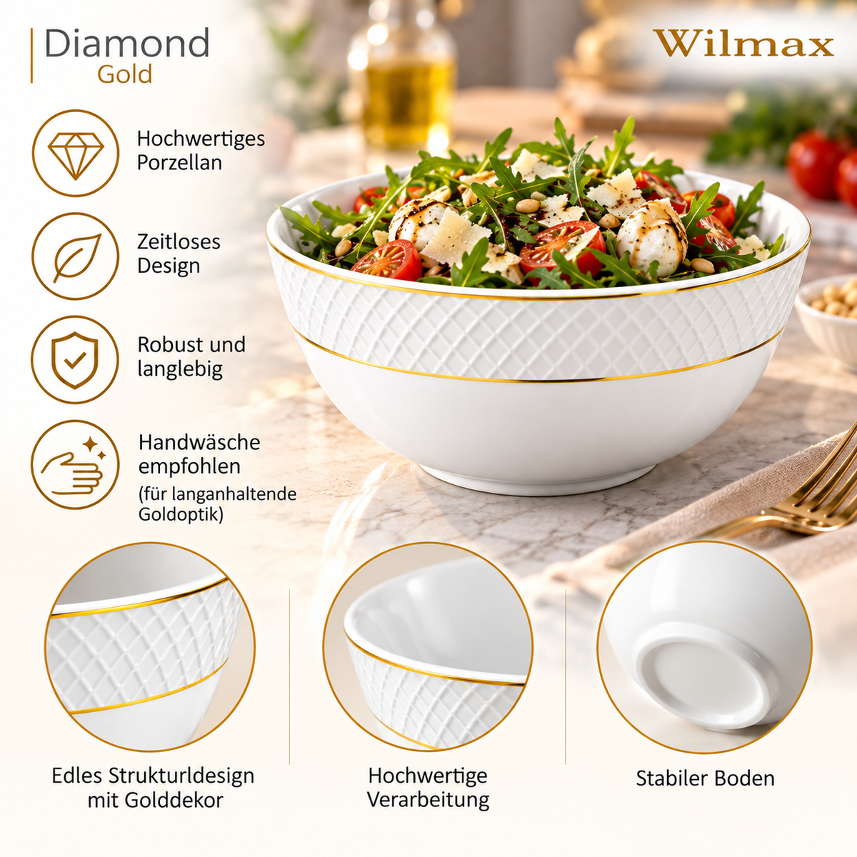 Wilmax Schale 1300 ml 18 cm Weiß mit Goldrand aus Porzellan