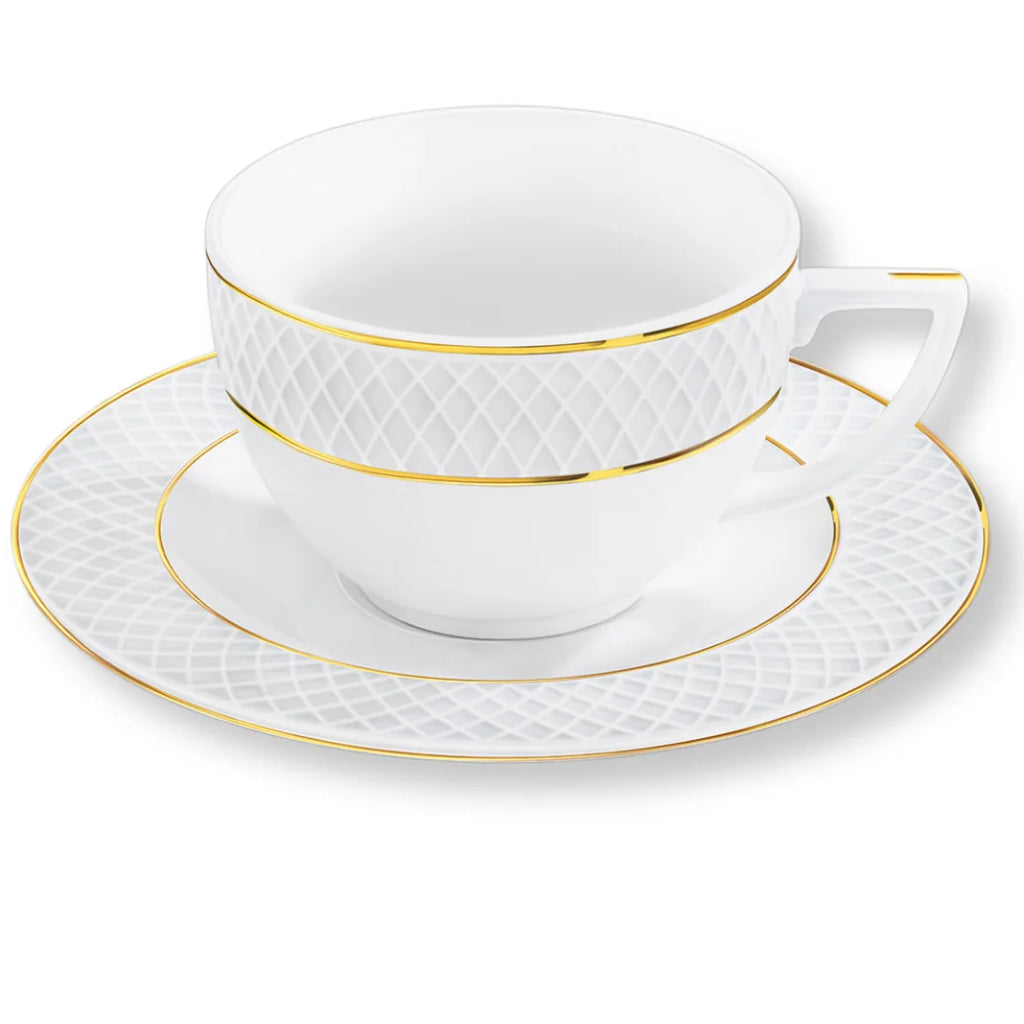 Wilmax Kaffeetasse mit Untertasse 90 ml 2er-Set Weiß mit goldfarbenem Dekor aus Porzellan