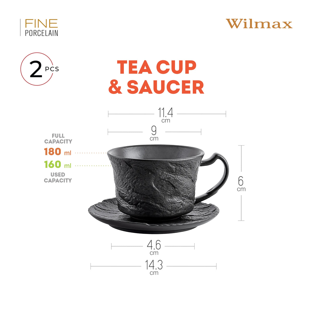 Wilmax Tasse mit Untertasse 180 ml 2er-Set Schwarz aus Porzellan