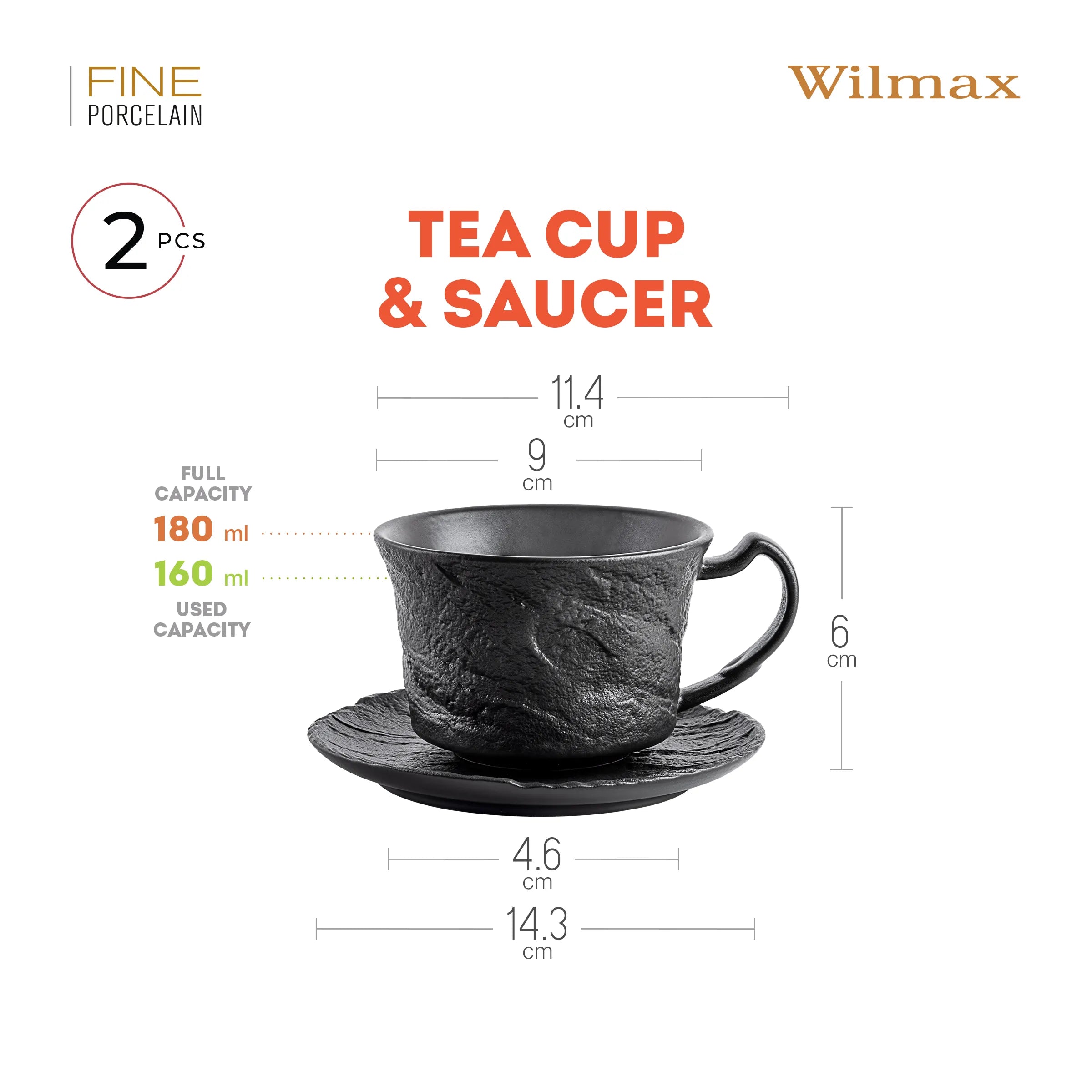 Wilmax Tasse mit Untertasse 180 ml 2er-Set Schwarz aus Porzellan
