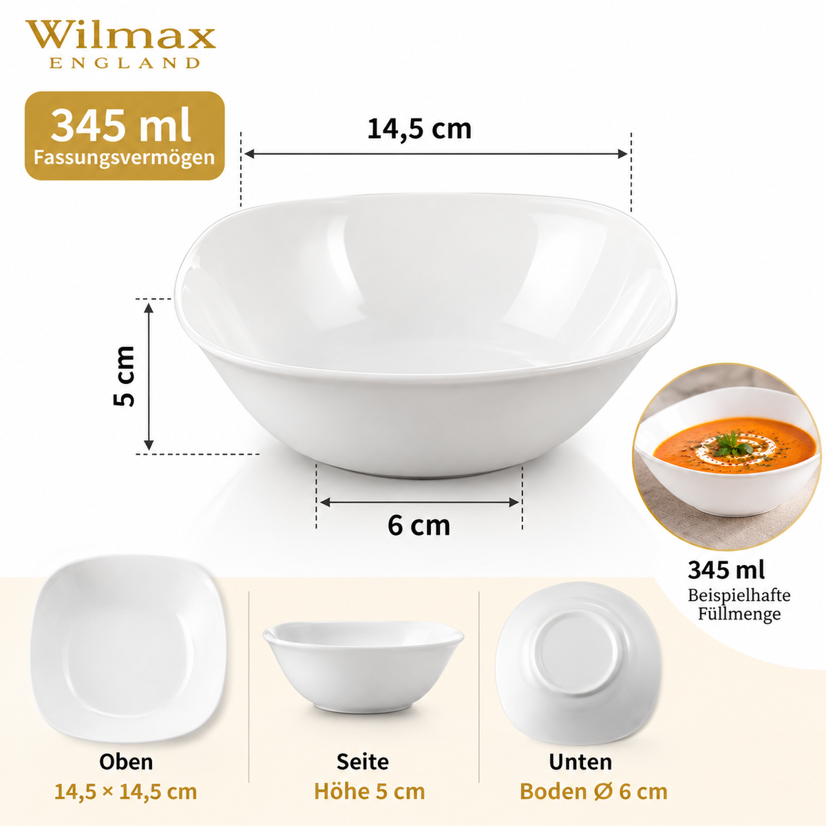 Wilmax Schale 345 ml 14,5 × 14,5 cm 4er-Set Weiß aus Porzellan