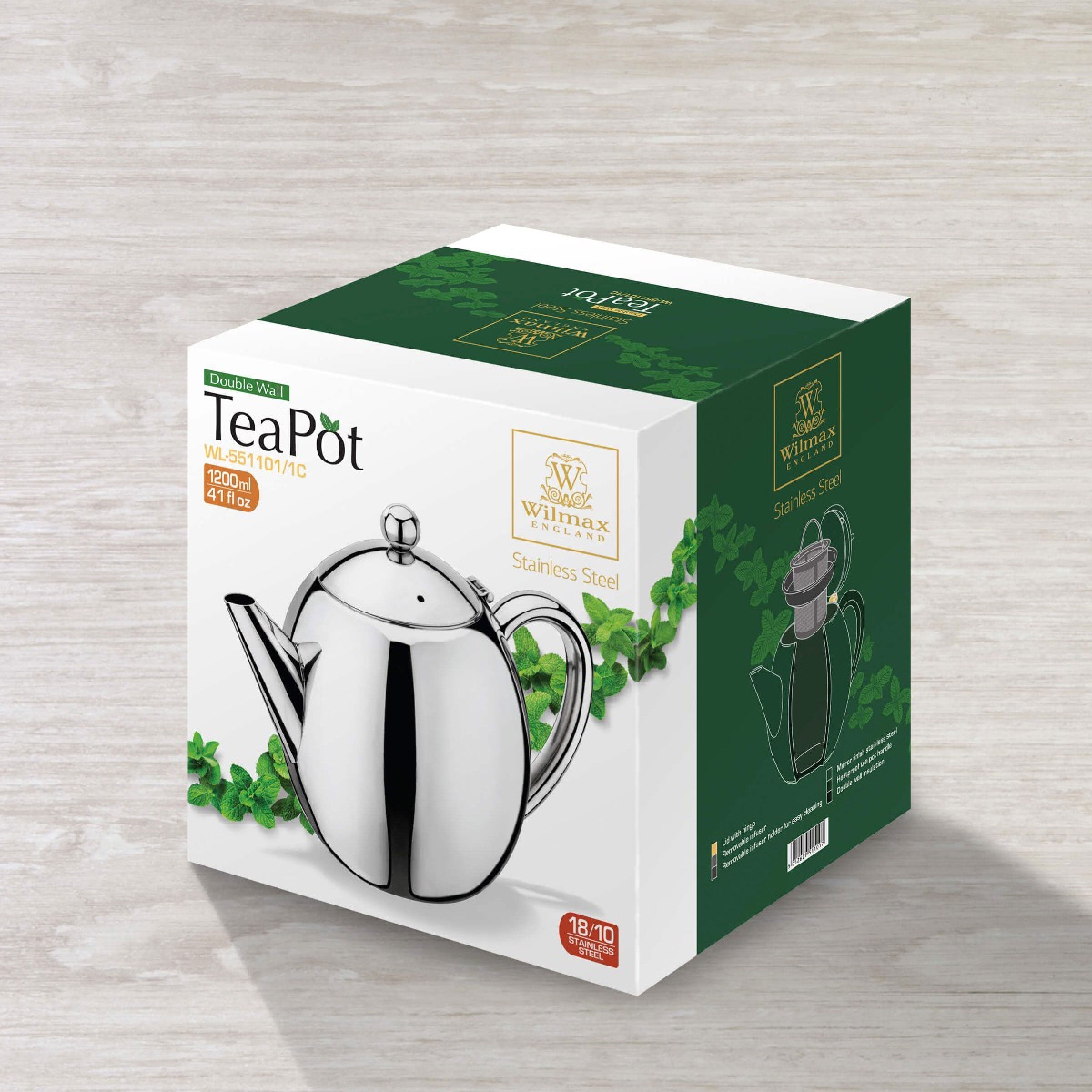 Wilmax Doppelwandige Teekanne 1200 ml Silber aus Edelstahl