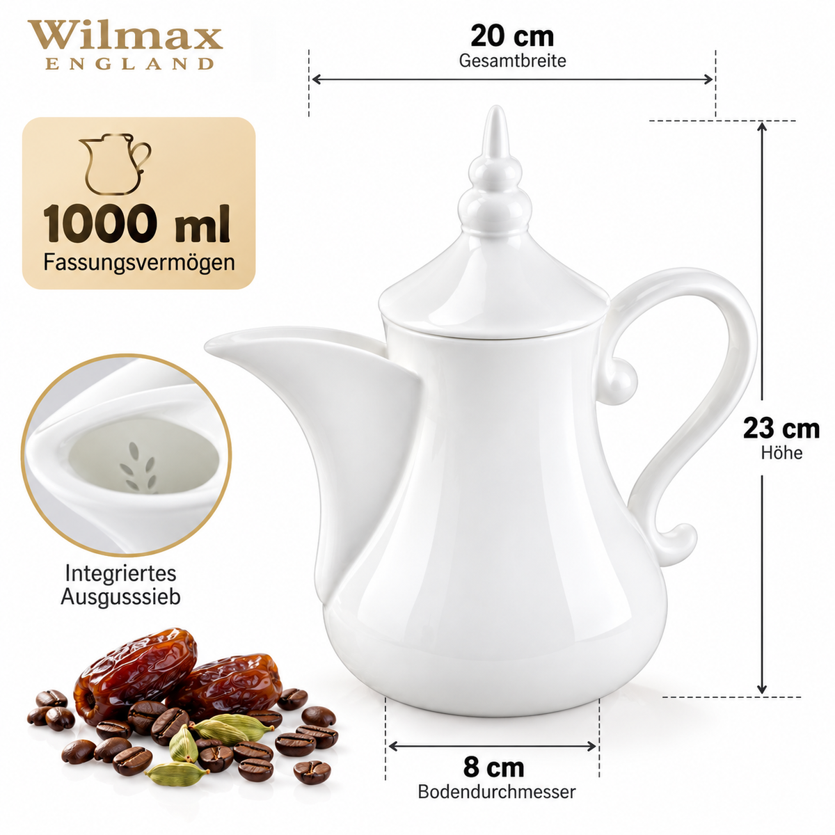 Wilmax Arabische Kaffee- und Teekanne mit integriertem Ausgusssieb 1000 ml Weiß aus Porzellan