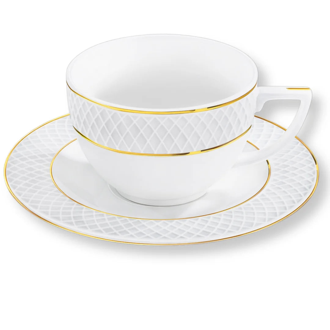 Wilmax Kaffeetasse mit Untertasse 90 ml Weiß mit Golddekor aus Porzellan